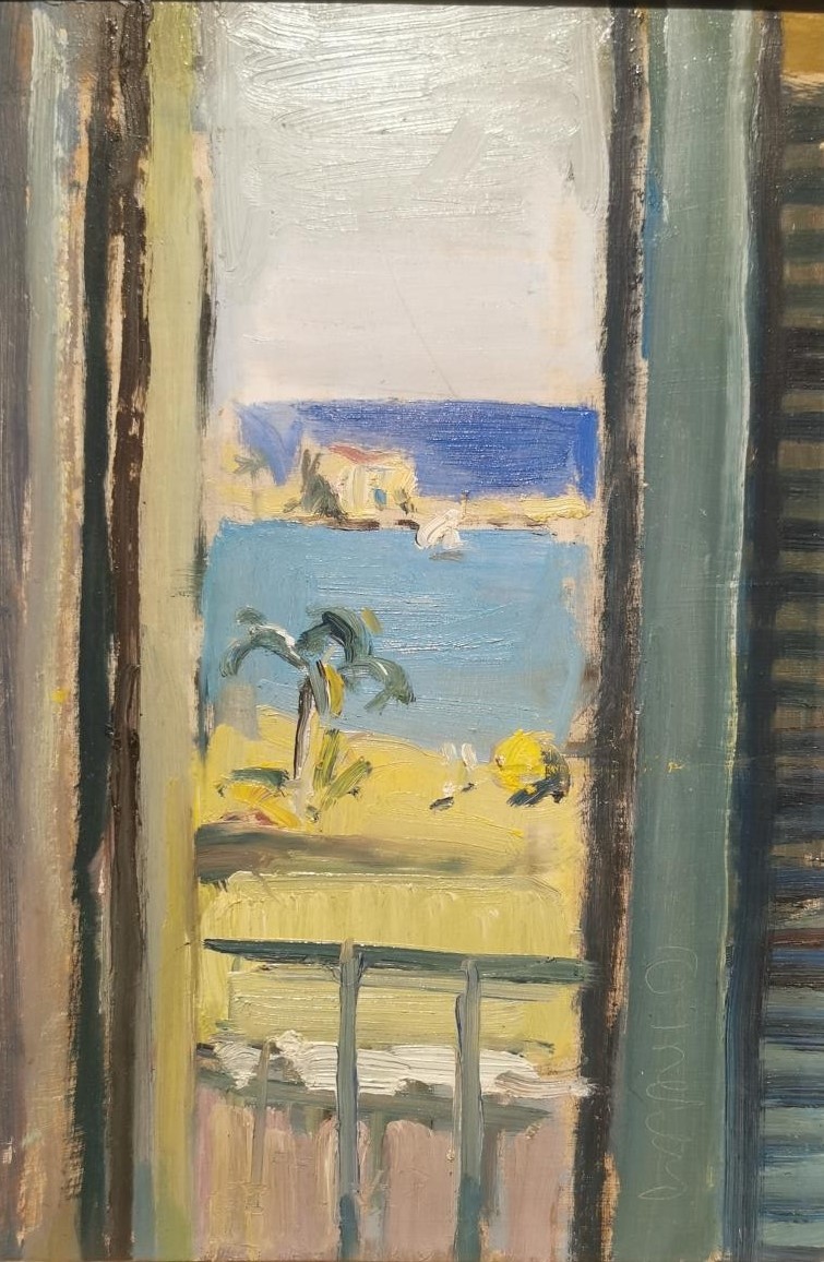 Maria Dineley, British, (b.1971), oil on board, view of a beach from window, signed and framed. H.
