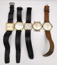 A collection of five men's vintage watches, including a Pulsar, a Desta Ultra flat automictic watch,