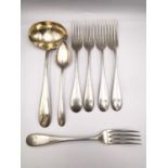 A collection of Austrian silver cutlery, including four small forks, a sauce ladle, tea spoon and