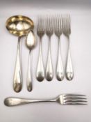 A collection of Austrian silver cutlery, including four small forks, a sauce ladle, tea spoon and