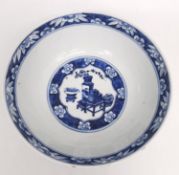 A 19th century Chinese blue and white porcelain footed large bowl with hand painted precious objects