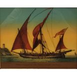 A framed 19th century reverse painting on glass of a Spanish sailing vessel, description