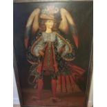 Cuzco school, 19th/early 20th century, very large oil on canvas of St Michael. Angel in plumed hat