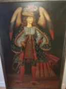 Cuzco school, 19th/early 20th century, very large oil on canvas of St Michael. Angel in plumed hat