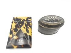 A 19th century tortoiseshell and white metal inlaid card case along with a Victorian copper and