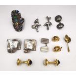 A collection of cufflinks, pins and a silver ring. Includes a pair of S.T. Dupont gold plated onyx