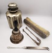 A collection of silver and silver plate, including a 19th century white metal (tests as silver) hand