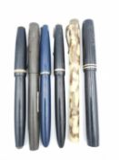 Six vintage fountain pens of various makers, including four with 14ct gold nibs, three Parker pens