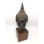 A 19th century Sukhothai style Thai bronze Buddha head on a wooden block stand. The head with serene