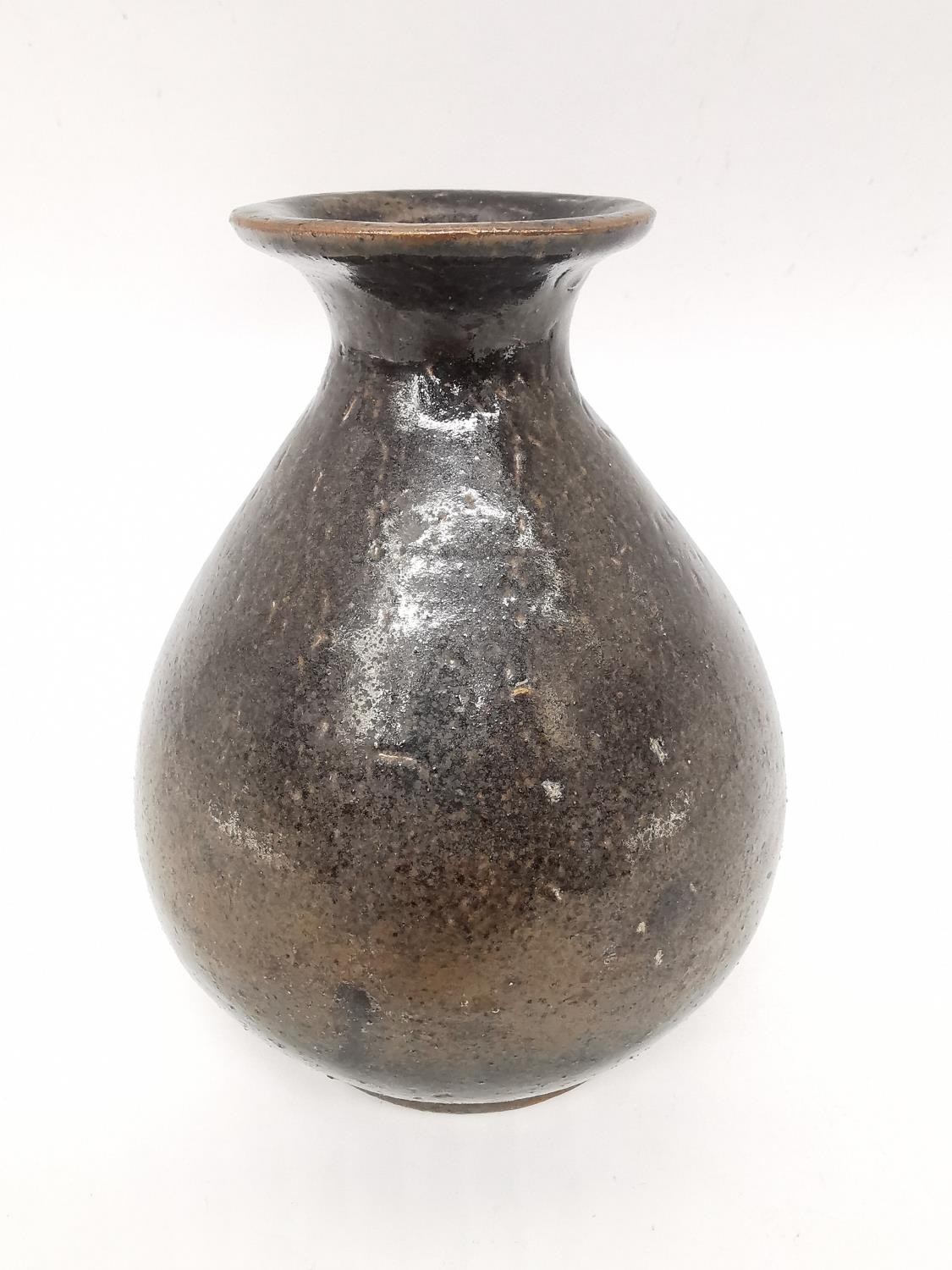 Three 20th century Japanese brown glaze bottle vases with raised character mark to the base. H.15cm - Image 9 of 11