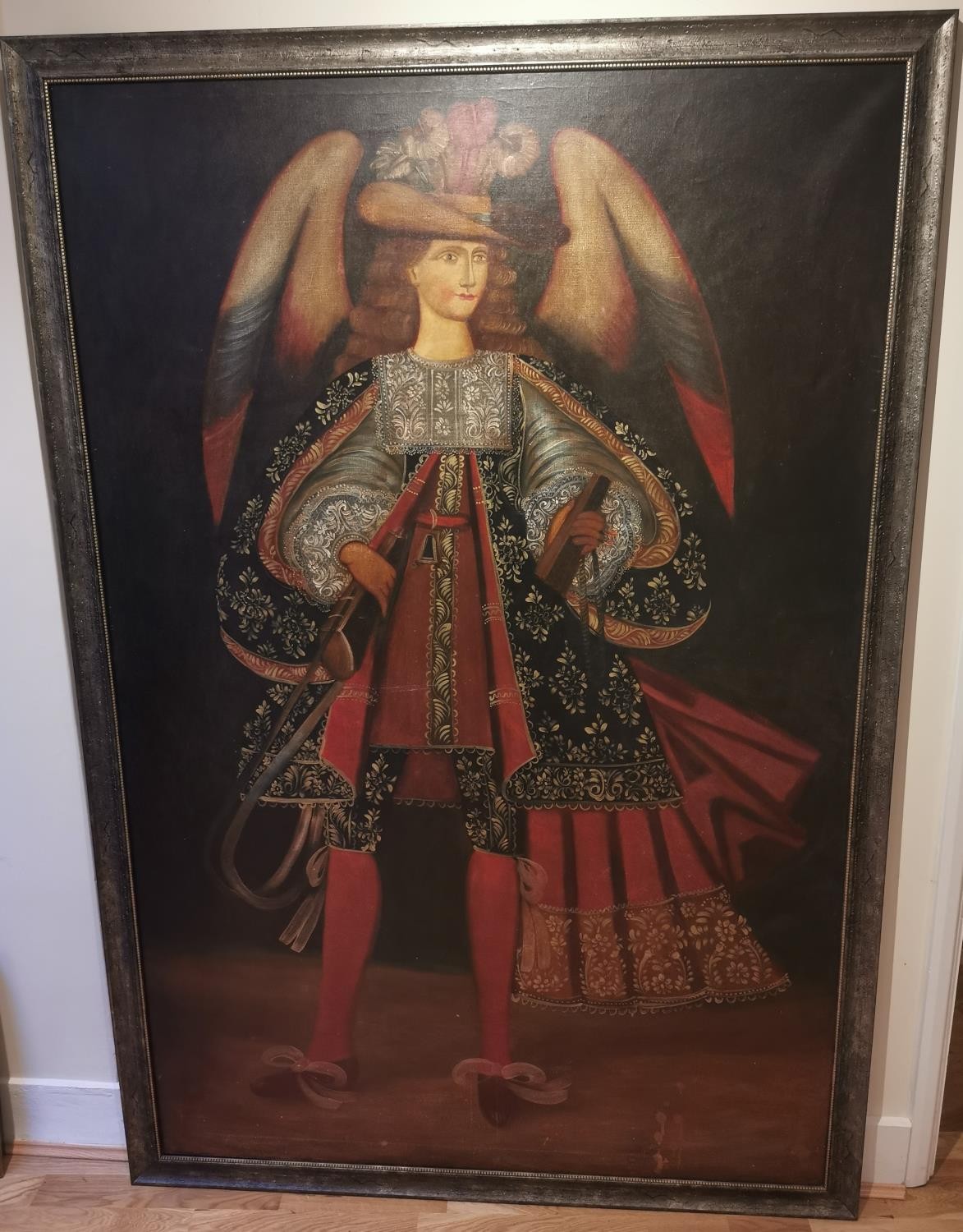 Cuzco school, 19th/early 20th century, very large oil on canvas of St Michael. Angel in plumed hat - Image 2 of 5