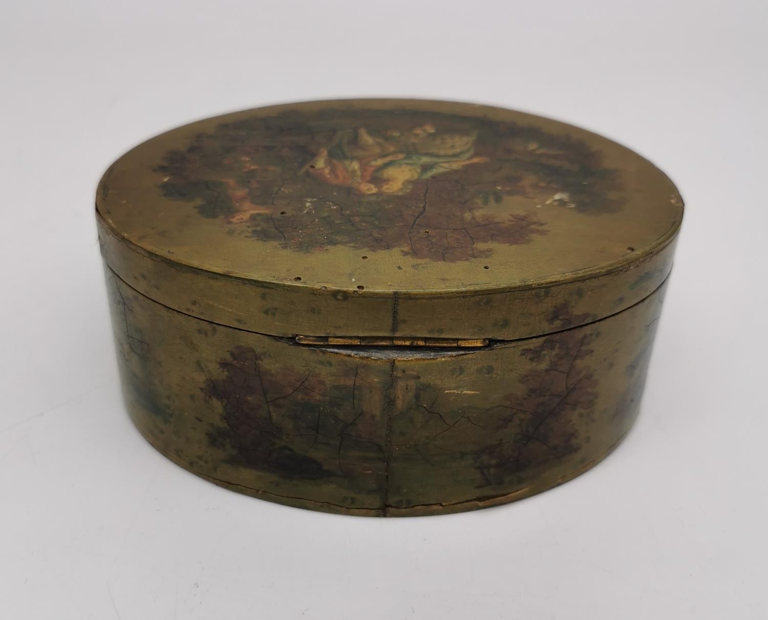 A 19th Century oval hand painted papier mache jewellery box, The top painted with a pair of lovers - Image 3 of 6