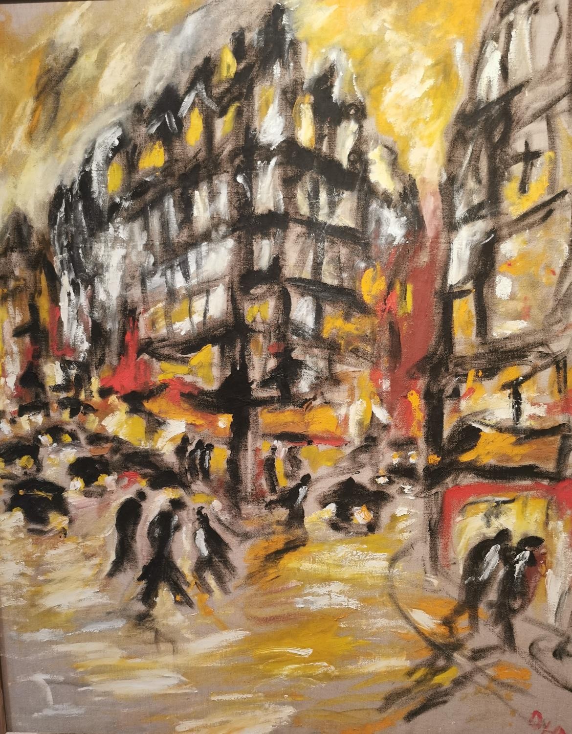 Daniele Mascaretti a.k.a "BoBo", large oil on canvas of a city street scene with figures,