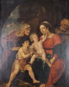 Gilt framed oil on panel, Madonna and Child with Saint Elizabeth and the infant John the Baptist.