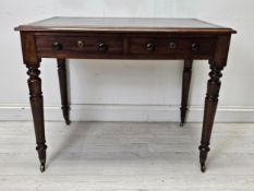 Writing table, early Victorian mahogany with tooled leather inset top raised on inverted tulip