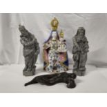 A hand painted Portuguese majolica figure of the Virgin Mary and Christ, along with a pair of