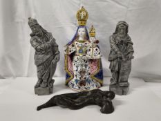 A hand painted Portuguese majolica figure of the Virgin Mary and Christ, along with a pair of