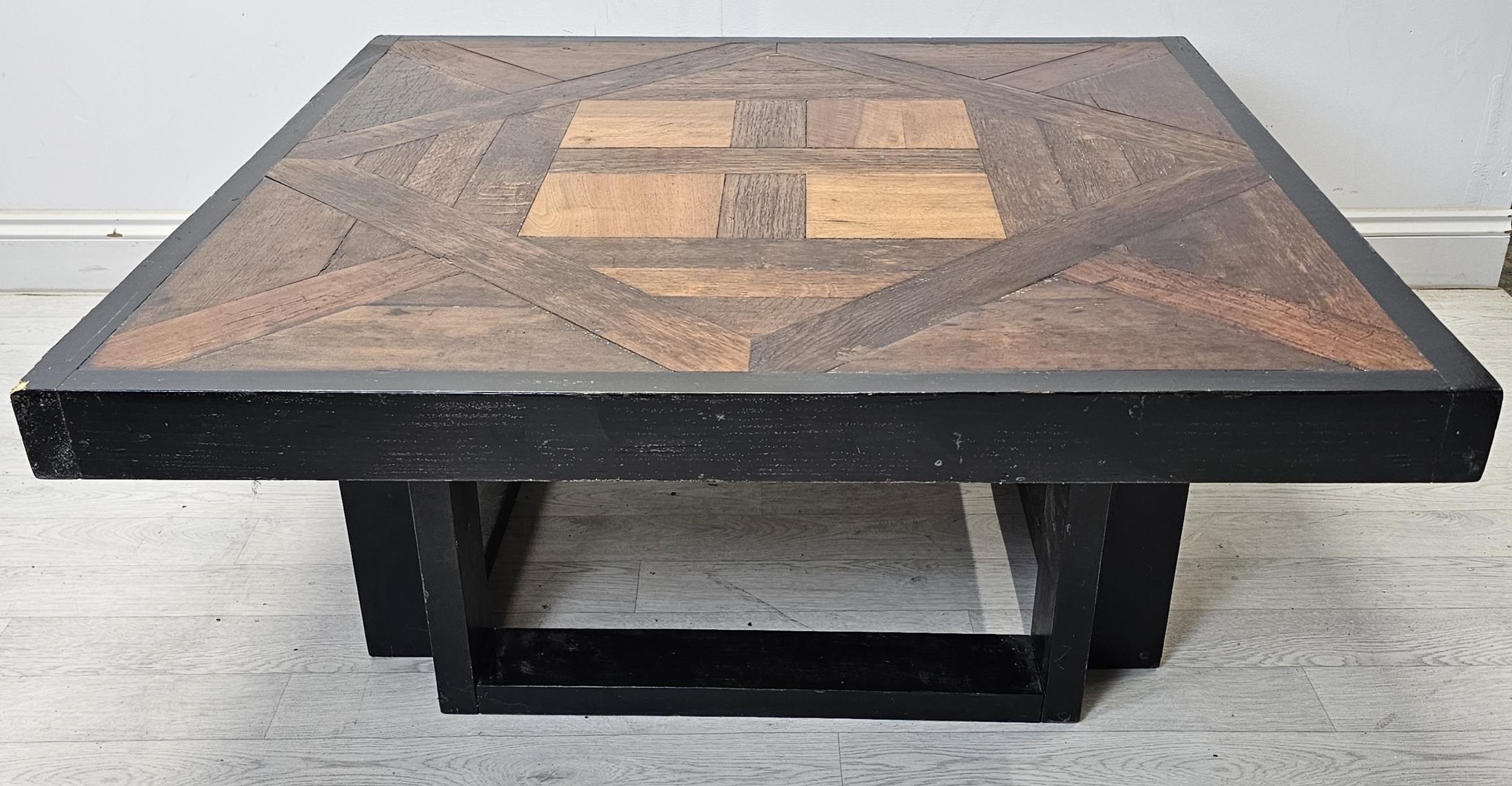 Coffee table, vintage with oak parquetry top. H.42 W.108 D.108cm.