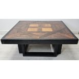 Coffee table, vintage with oak parquetry top. H.42 W.108 D.108cm.