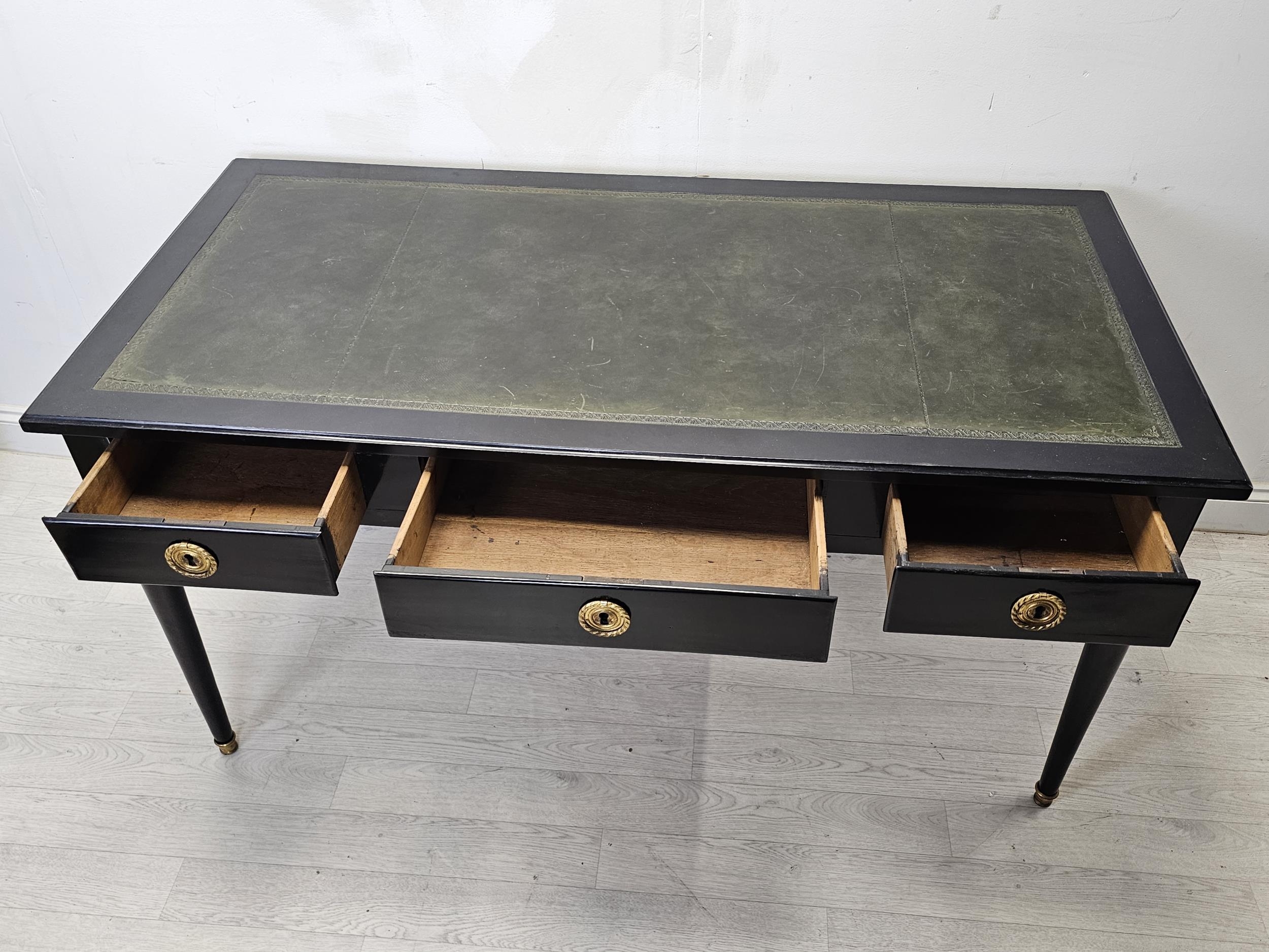 Writing table, late 19th century Empire style, later painted with tooled leather inset top. H.76 W. - Image 5 of 8
