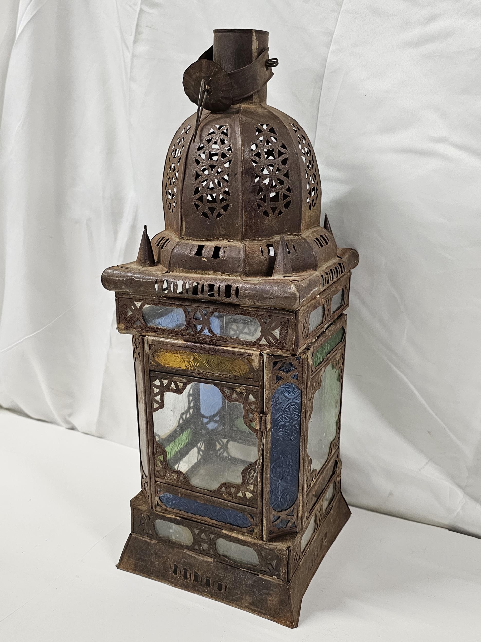 A Moroccan pierced brass lantern along with an art glass vase and painted mistletoe milk glass - Image 2 of 4