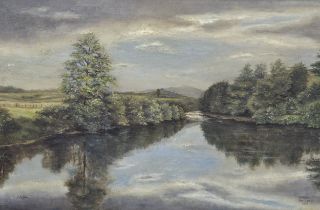 Oil on canvas, riverscape; On the Earn, Near Crieff, signed J M Davie, dated and titled. In a gilt