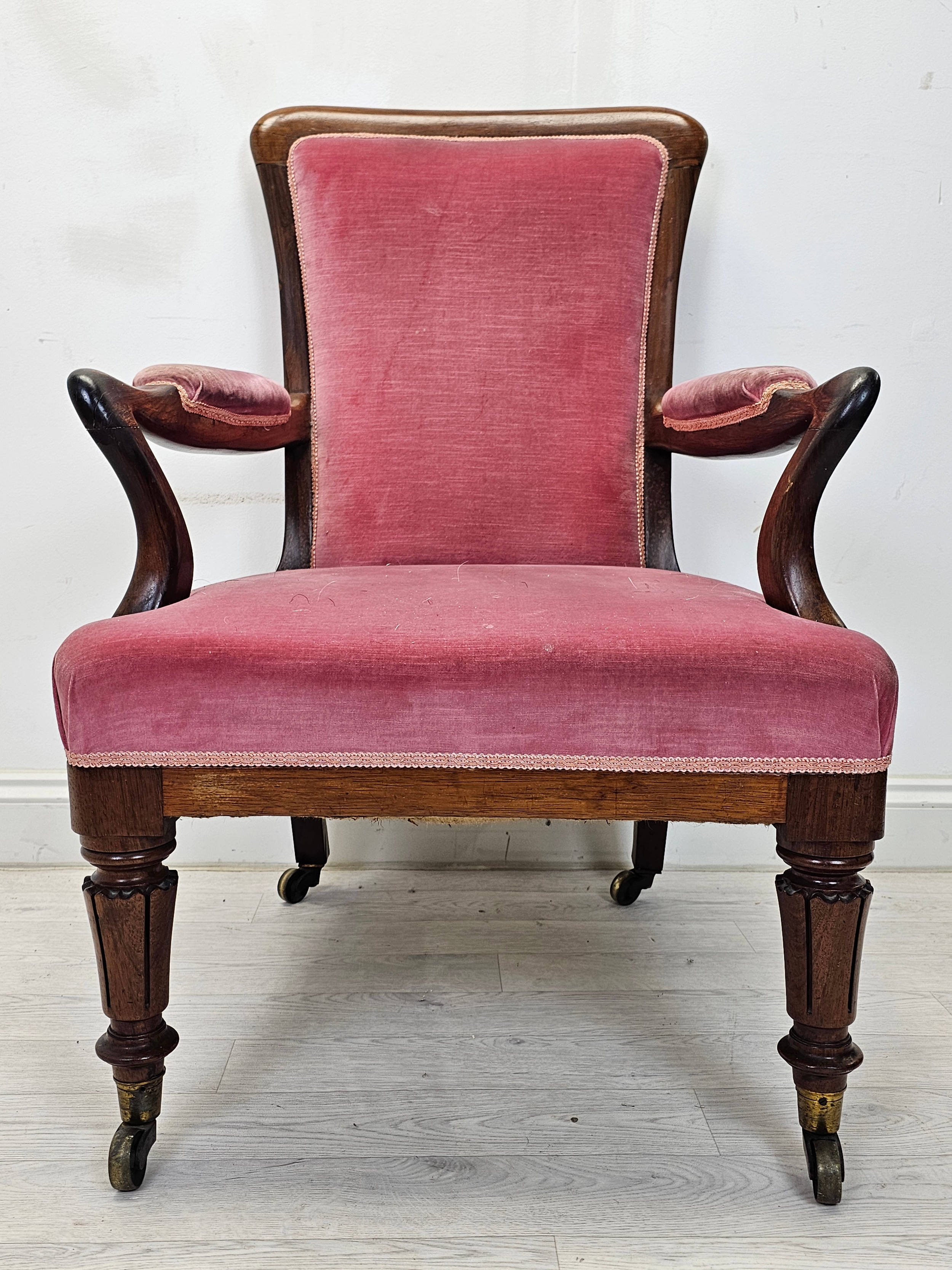 Armchair, early Victorian rosewood frame and upholstered. H.105 W.62 D.69cm.