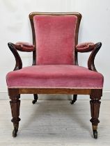 Armchair, early Victorian rosewood frame and upholstered. H.105 W.62 D.69cm.