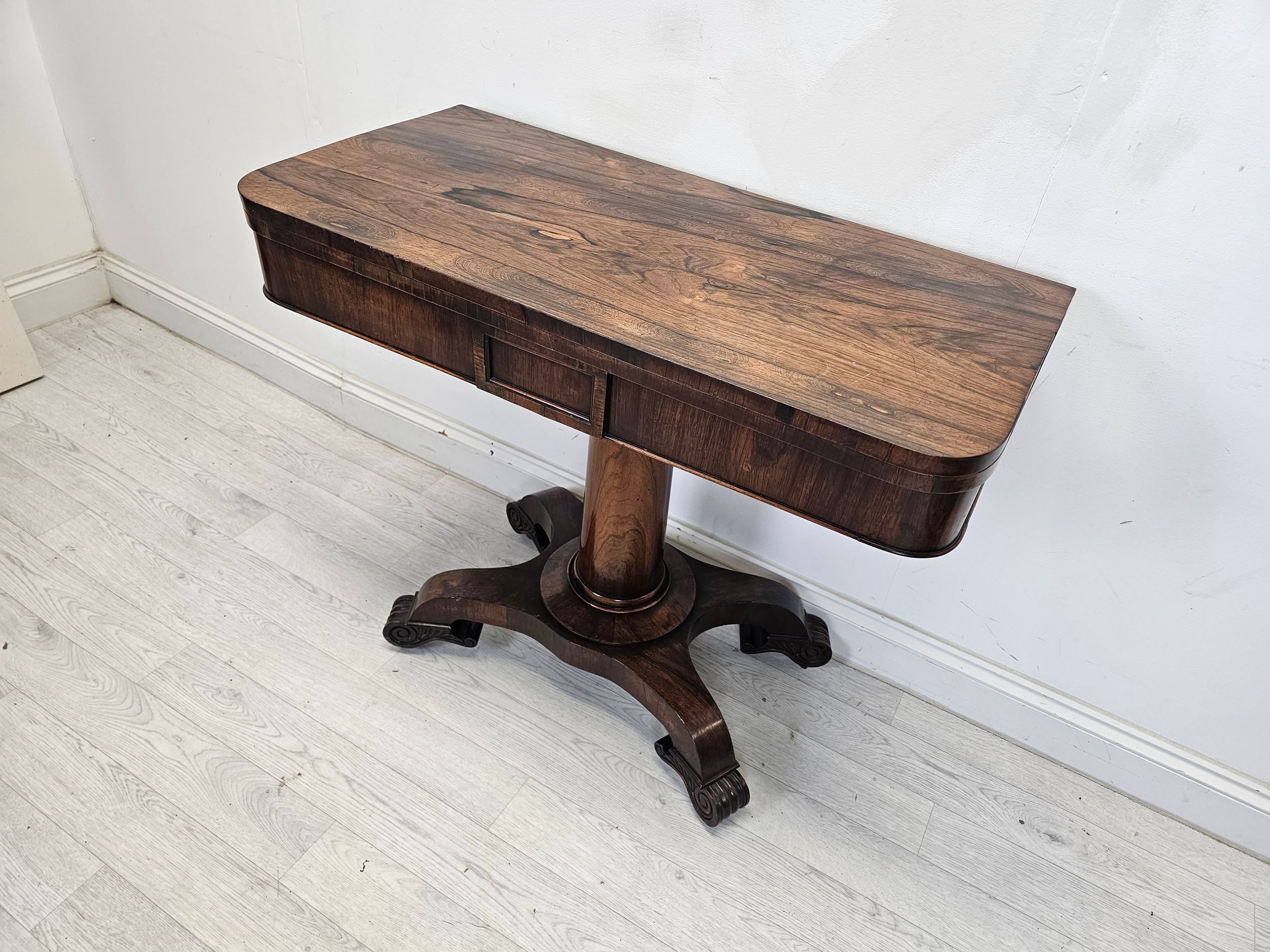 An early Victorian rosewood card table with foldover top. H.74 W.90 D.90cm. - Image 2 of 6