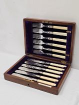 Fish knives and forks, a set of six engraved silver plate with bone handles, C.1900 in fitted