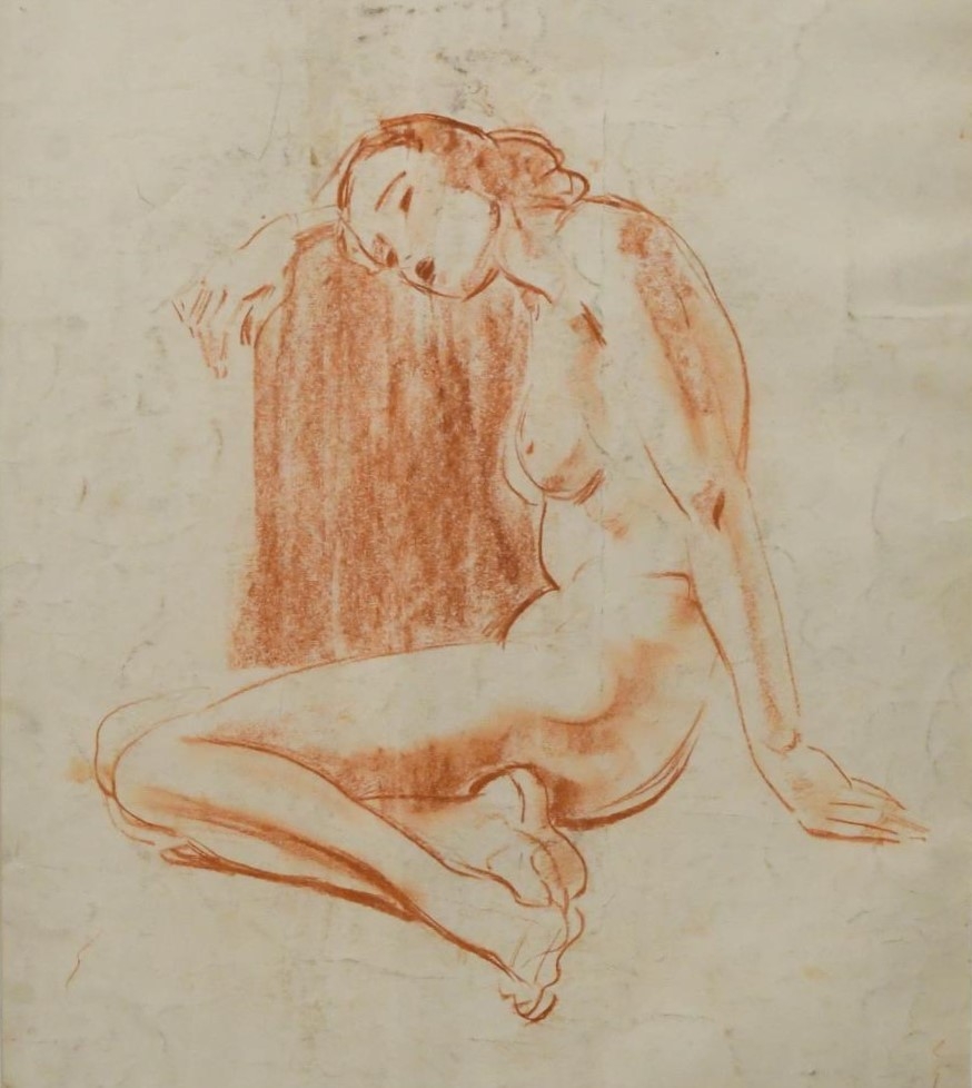 A nude study in crayon, glazed and in a gilt frame. H.73 W.58cm.