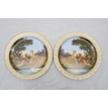 After Francois Boucher Shepherd, two transfer printed and hand painted china plates with gilded