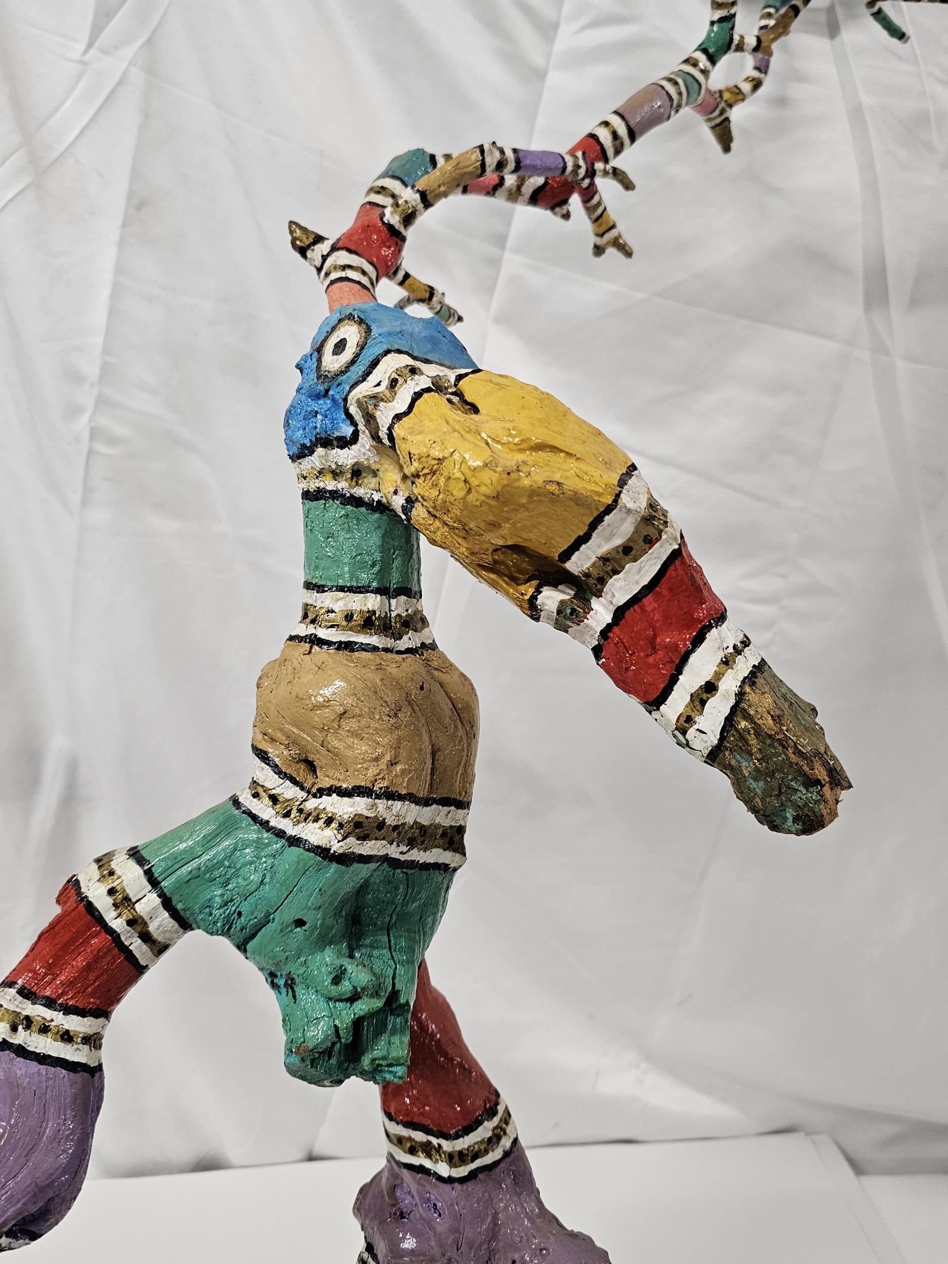 Two pieces of hand painted driftwood art, a pelican and leaf mask. Tallest H.80cm. - Image 3 of 3