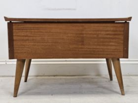 A 1960s Arnold teak sewing box, the interior with single tray and quantity of sewing materials