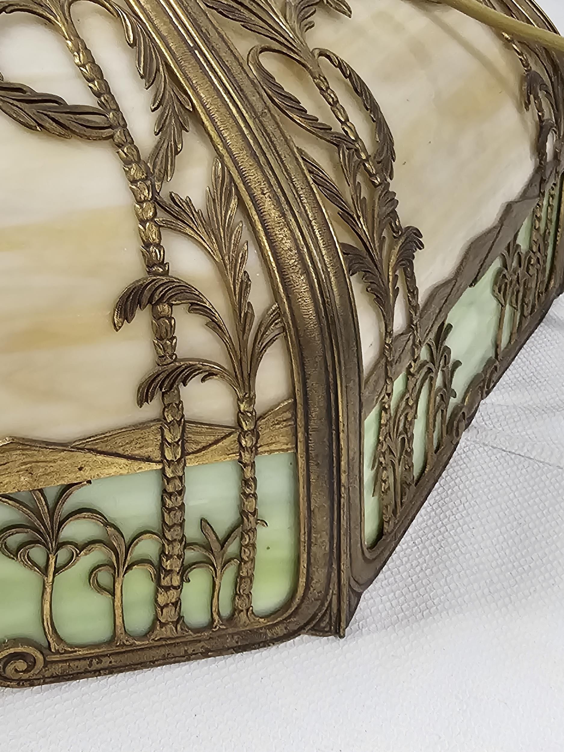 An Art Deco Miller style bronze overlay slag glass ceiling light with palm tree and mountain - Image 4 of 6