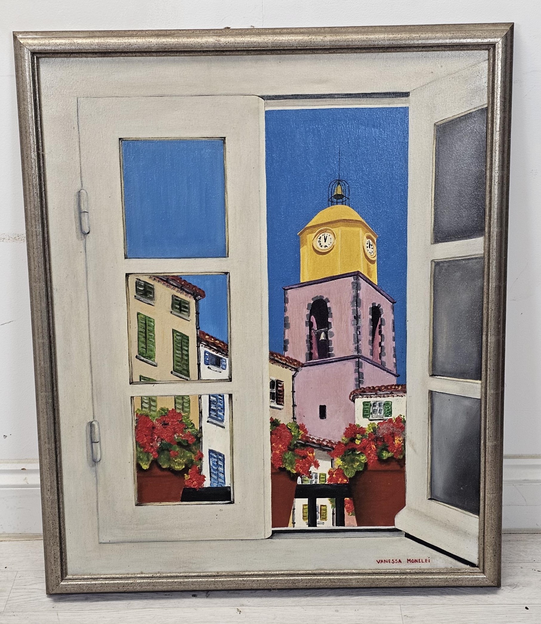 A framed oil on canvas of a continental city scene through a an open window. Signed Vanessa Monelei. - Bild 2 aus 4