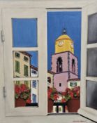A framed oil on canvas of a continental city scene through a an open window. Signed Vanessa Monelei.