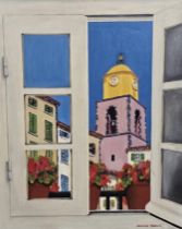 A framed oil on canvas of a continental city scene through a an open window. Signed Vanessa Monelei.