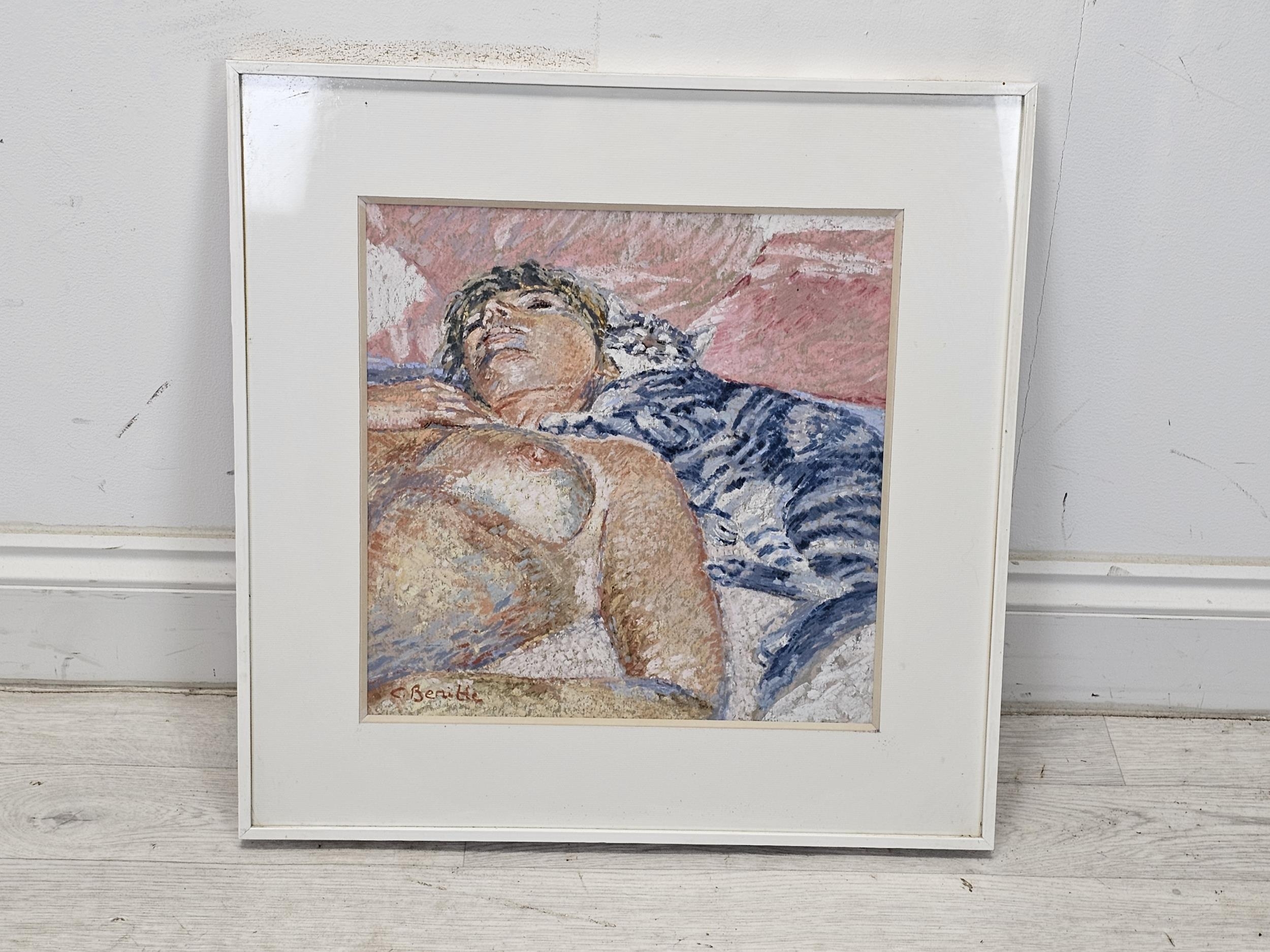 Celeste Benitte, French, a pastel on paper of a nude woman lying on a bed, signed C. Benitte. Framed - Image 2 of 5