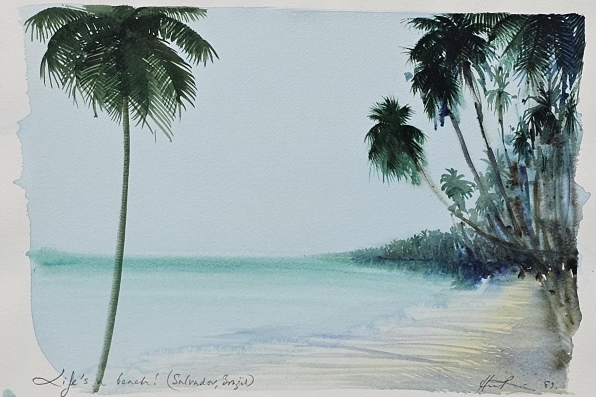 A framed and glazed watercolour, 'Life's a Beach, (El Salvador, Brazil), indistinctly signed. H.60 - Image 2 of 5