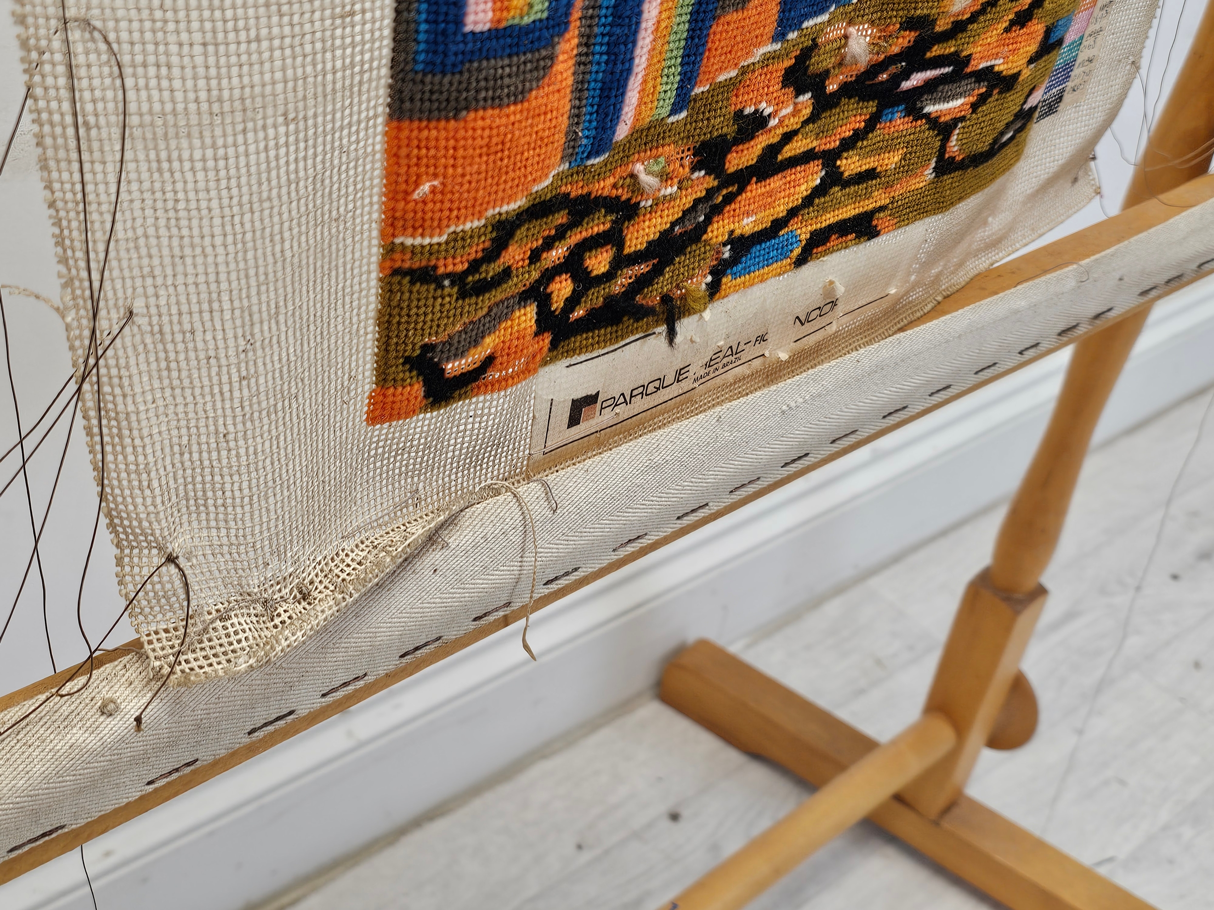 Embroidery. 'Made in Brazil'. On a needlework stand. H.42 W.48cm. - Image 5 of 8