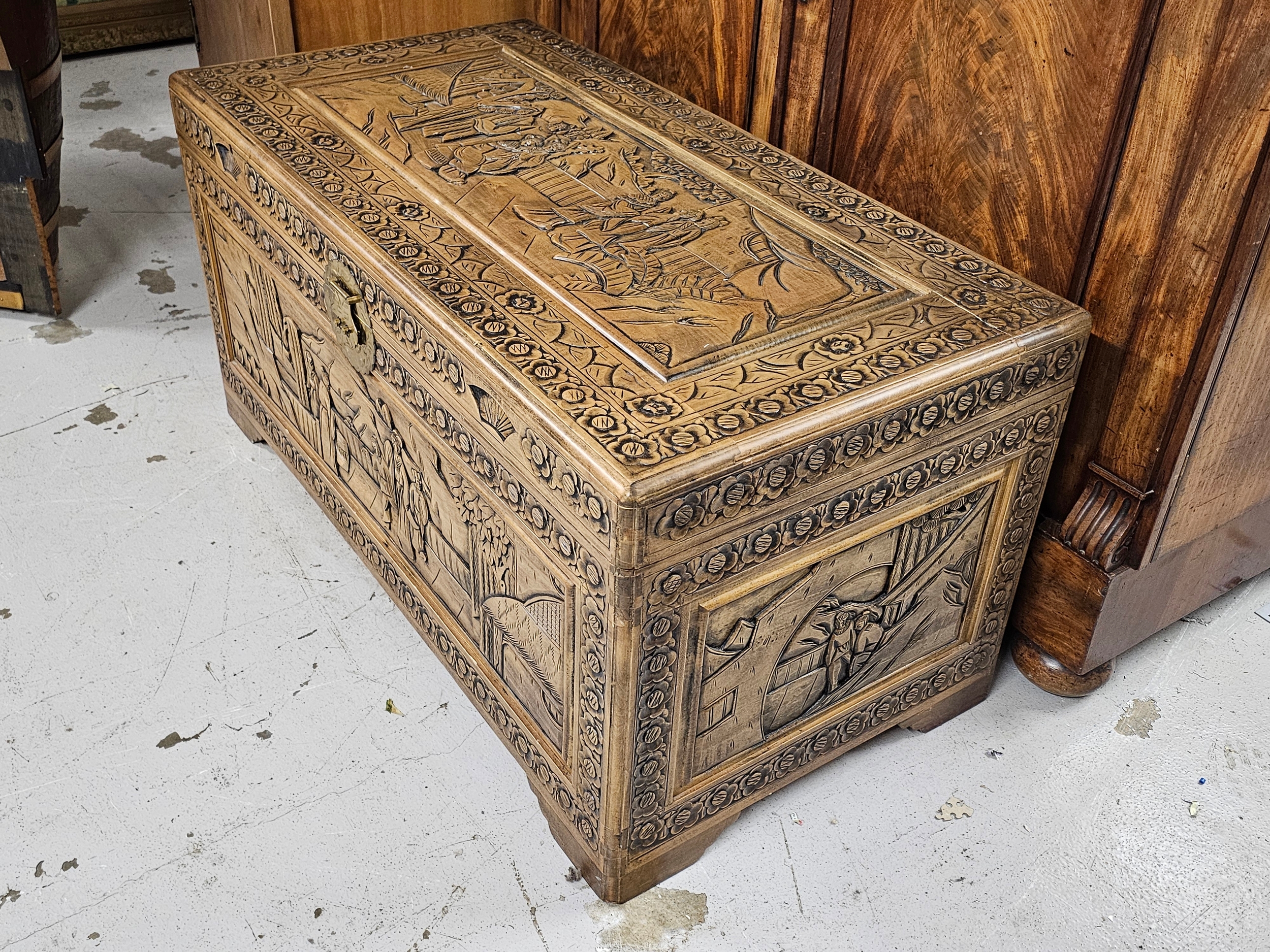 Coffer, early 20th century carved camphorwood. H.52 W.102 D.52cm. - Image 2 of 5