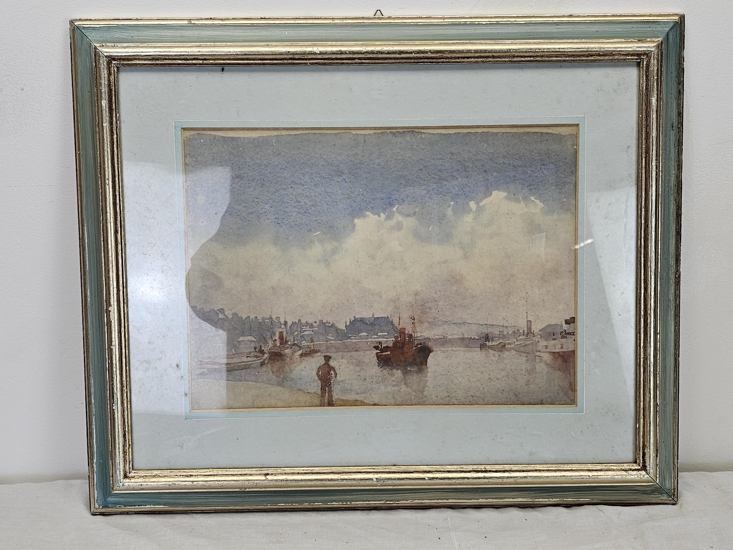 Watercolour. A harbour scene with a sailor in the foreground and tug coming into dock. Probably - Bild 2 aus 5