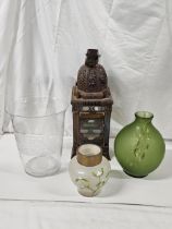 A Moroccan pierced brass lantern along with an art glass vase and painted mistletoe milk glass