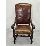 Armchair, 19th century Continental walnut in tan leather upholstery. H.128 W.59 D.76cm.