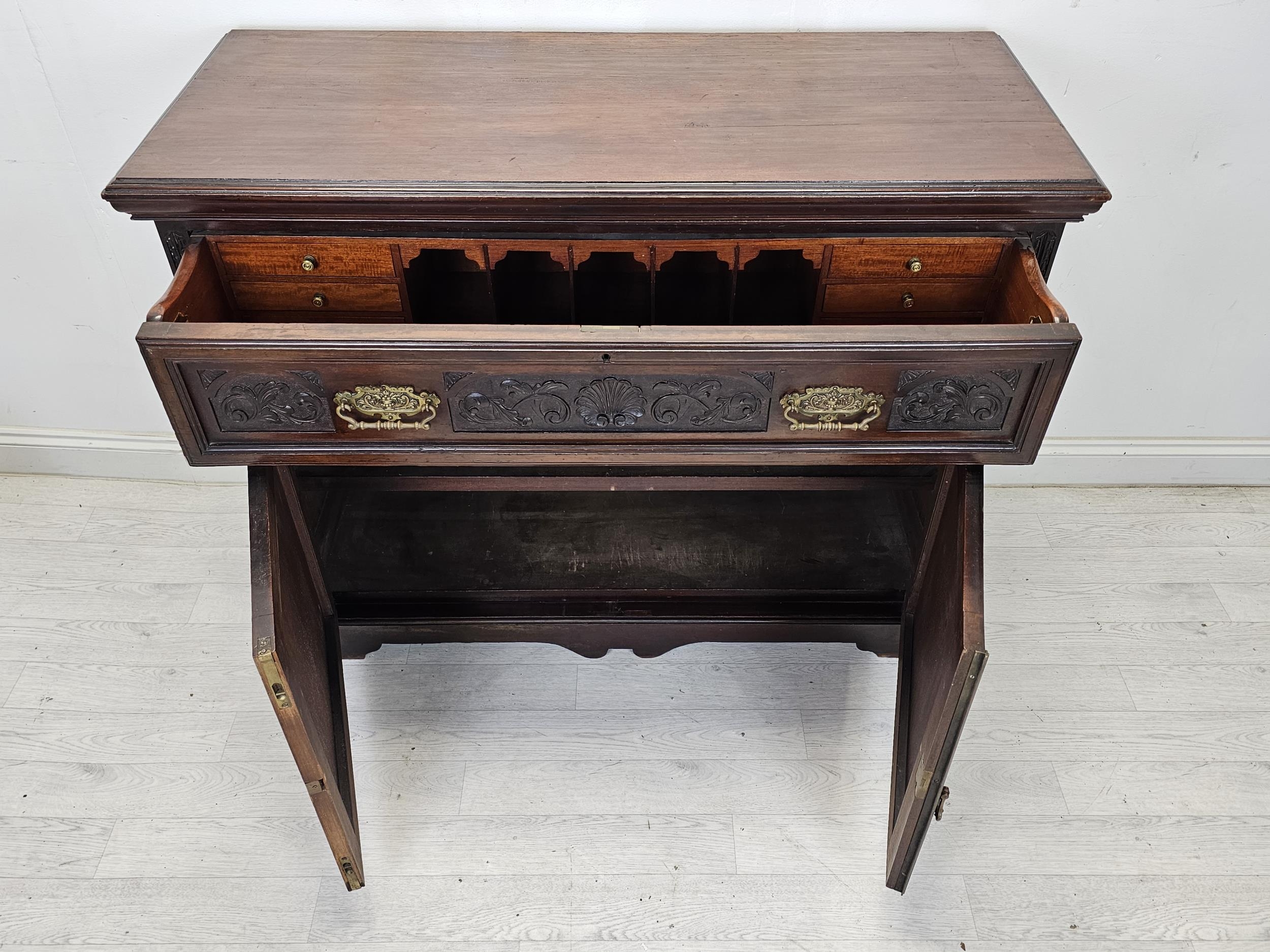 Secretaire cabinet, 19th century carved walnut with fall front revealing well fitted interior. H.100 - Image 5 of 15