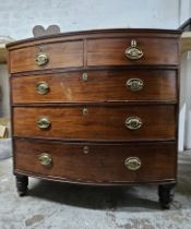 Chest of drawers, Georgian mahogany bowfronted. H.104 W.104 D.54cm. (One leg in need of repair as
