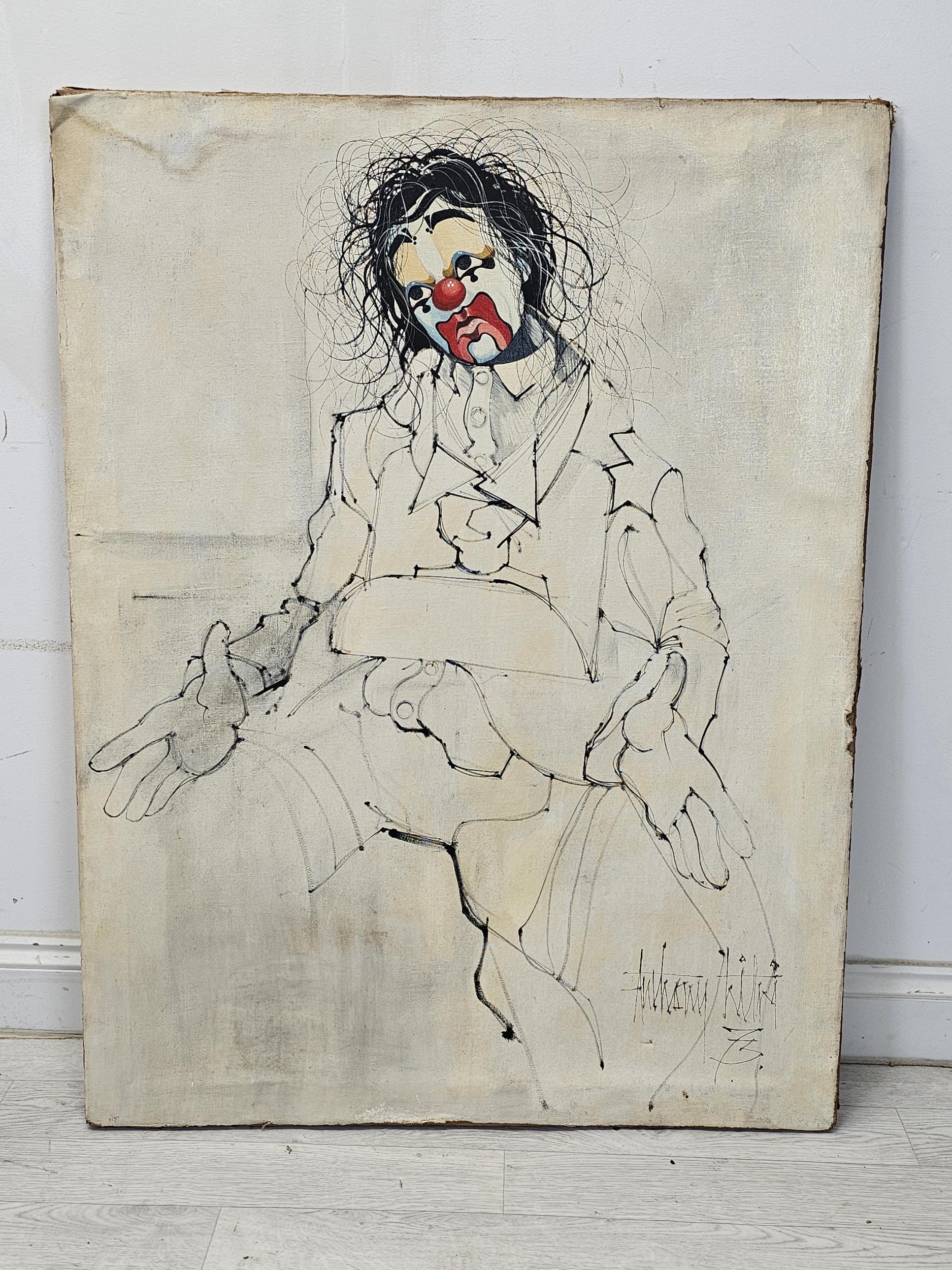 After Bernard Buffet, mid-20th century oil on canvas of a clown, indistinctly signed. H.108 W.81cm. - Bild 2 aus 4