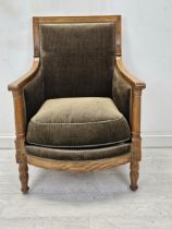 A late 19th century beech framed French Empire armchair, newly reupholstered. H.99 W.67 D.63cm.