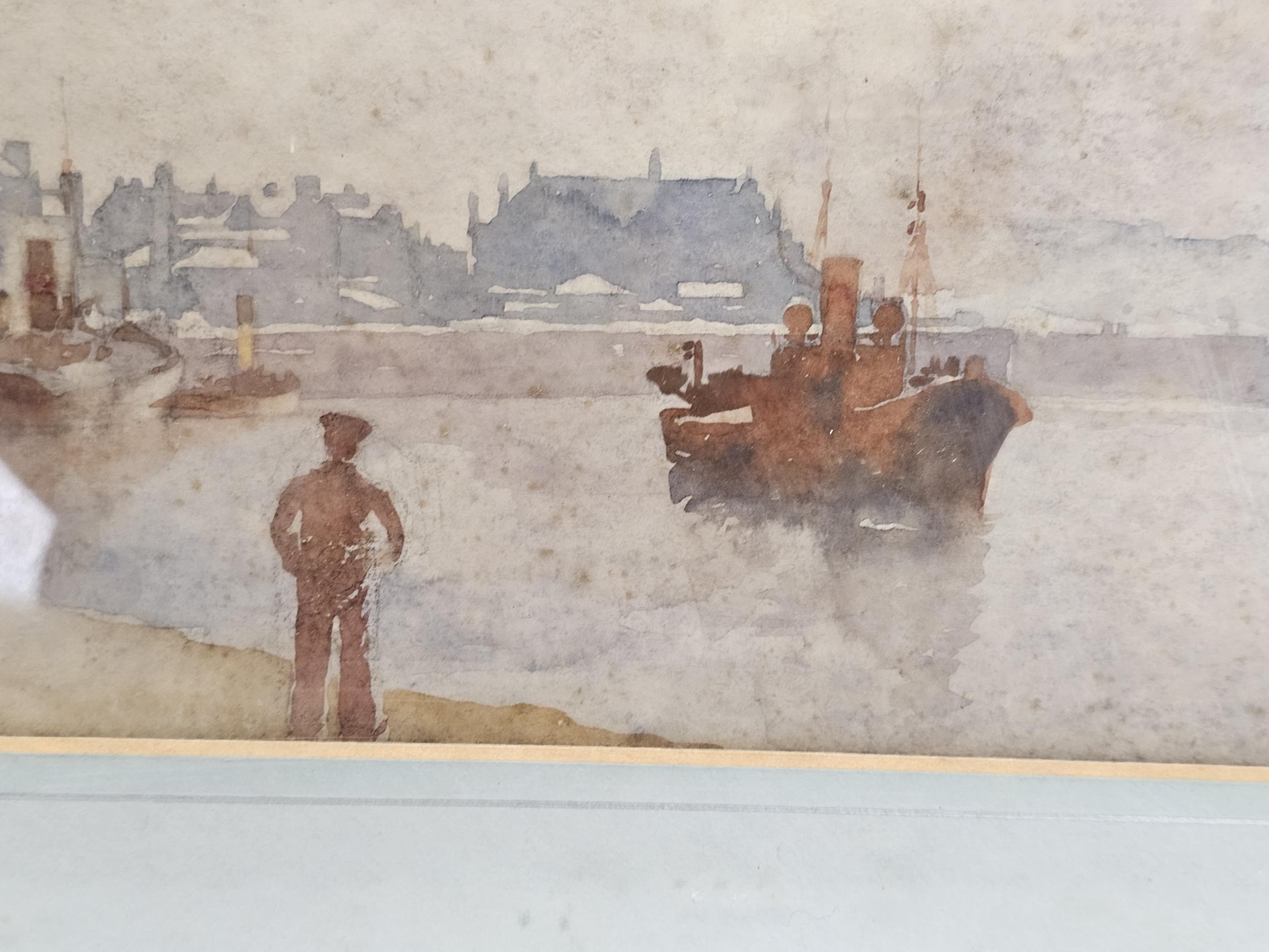 Watercolour. A harbour scene with a sailor in the foreground and tug coming into dock. Probably - Bild 3 aus 5